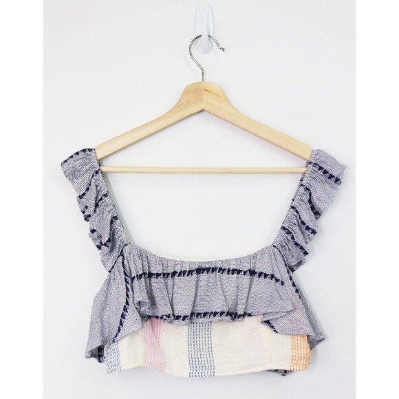 Tularosa Denny Tank Crop Top Embroidered Ruffle Calmar Stripe Blue Pink Large - Picture 3 of 8